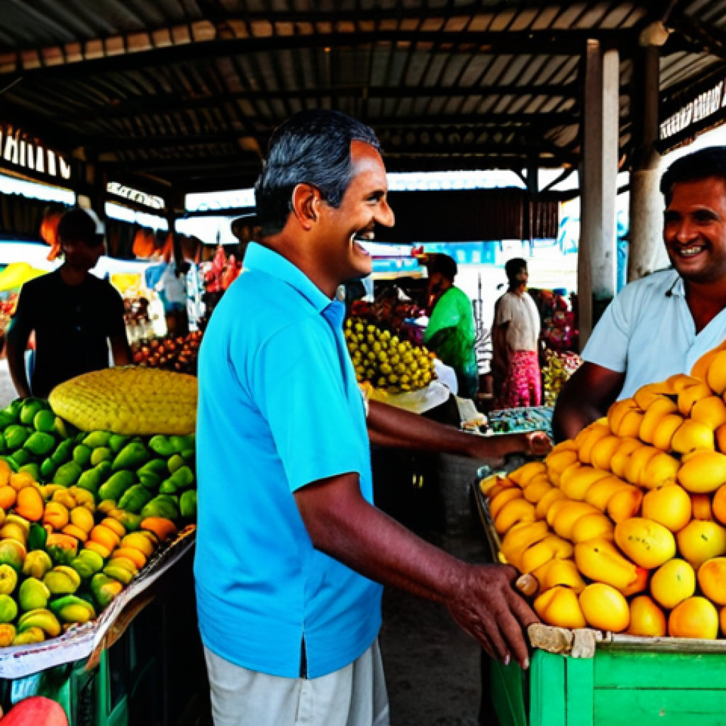 **

"A vibrant scene inside the Male Local Market in the Maldives. Stalls overflowing with colorful tropical fruits like mangoes and papayas. A fully clothed vendor smiles warmly while interacting with a customer. In the background, various stalls display fresh seafood. Professional photography, perfect anatomy, natural proportions, appropriate content, safe for work, fully clothed, family-friendly."

**