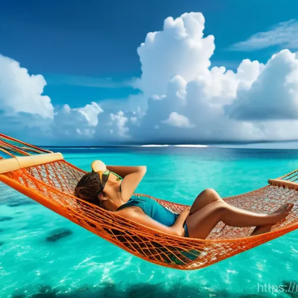 몰디브 여행 책 추천 - A woman, wearing a stylish, modest one-piece swimsuit, is comfortably lying on a net hammock suspend...