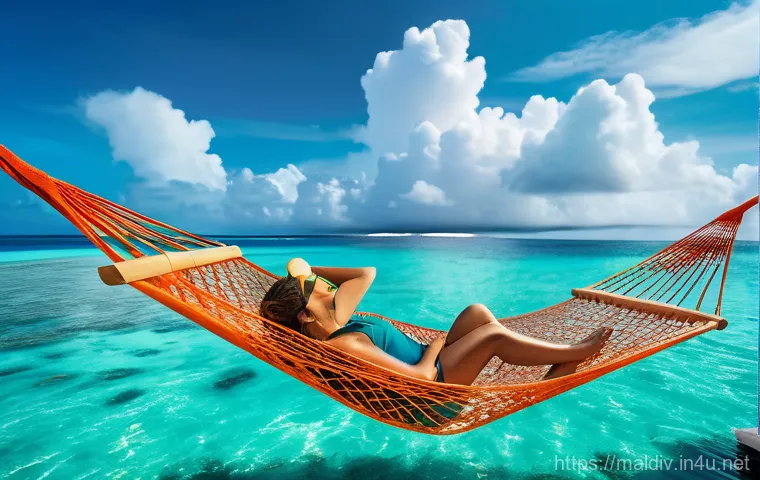 몰디브 여행 책 추천 - A woman, wearing a stylish, modest one-piece swimsuit, is comfortably lying on a net hammock suspend...