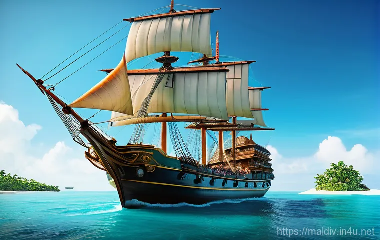 몰디브 대항해 시대 - A vibrant, high-definition scene from the game 'Great Voyage Origin' (대항해시대 오리진). A majestic, top-ti...