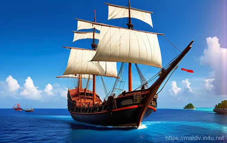 몰디브 대항해 시대 - A historical depiction of a standoff between 16th-century Portuguese caravels and the resilient loca... 몰디브 대항해 시대 - A historical depiction of a standoff between 16th-century Portuguese caravels and the resilient loca...