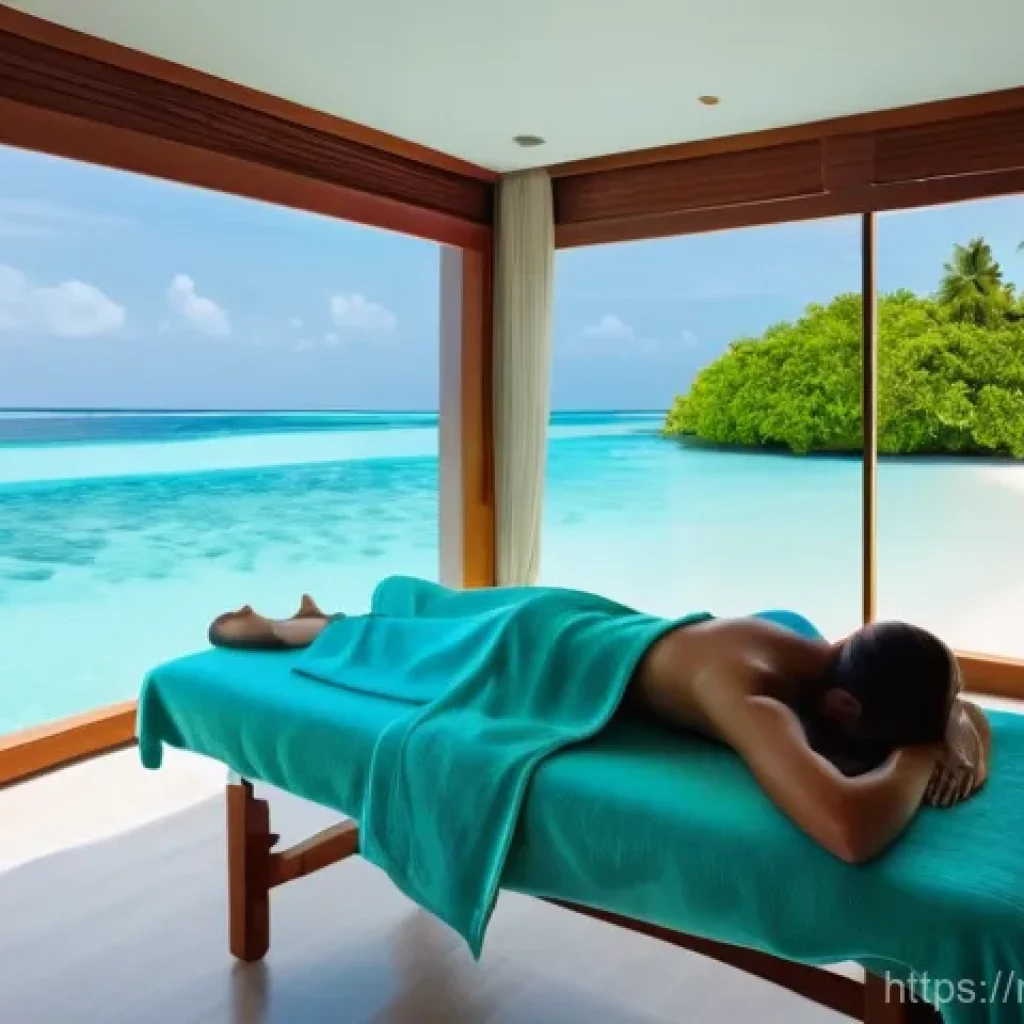 몰디브 스파 추천 - A serene, sun-drenched spa room set over crystal-clear turquoise waters in the Maldives. A woman in ...