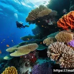 몰디브 절벽 다이빙 - A professional diver, wearing full scuba gear including a wetsuit, mask, and fins, gracefully explor...