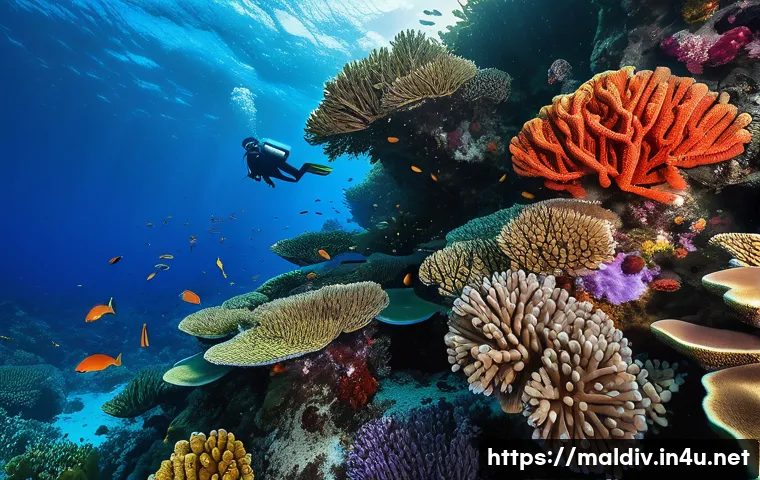 몰디브 절벽 다이빙 - A professional diver, wearing full scuba gear including a wetsuit, mask, and fins, gracefully explor...