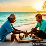 몰디브 전통 게임 - A vibrant scene of Maldivian locals playing Banaakurukuru, the traditional wooden board game similar...