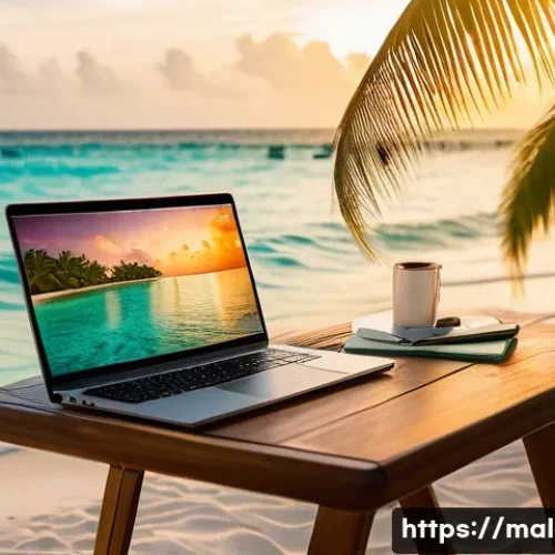 몰디브 디지털 노마드 - A serene digital nomad workspace on a pristine Maldives beach at sunrise, featuring a sleek laptop o...