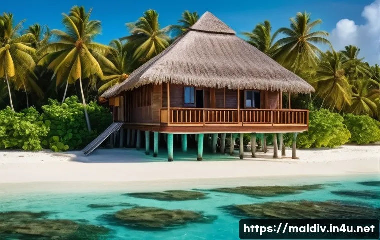 몰디브 문화유산 등록 - A traditional Maldivian stilt house built over clear turquoise ocean water, constructed with natural...