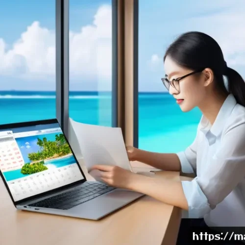 몰디브 항공권 할인 정보 - A detailed scene showing a traveler booking Maldives flights early on a laptop, surrounded by travel...