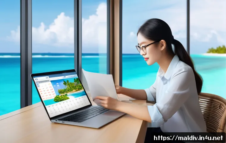 몰디브 항공권 할인 정보 - A detailed scene showing a traveler booking Maldives flights early on a laptop, surrounded by travel...