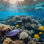 몰디브 해양 쓰레기 문제 - A vibrant underwater scene in the Maldives showing diverse marine life including colorful coral reef...