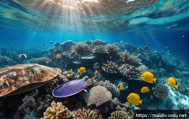 몰디브 해양 쓰레기 문제 - A vibrant underwater scene in the Maldives showing diverse marine life including colorful coral reef...