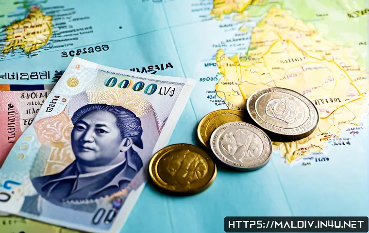 Home 13 몰디브 화폐 정보 - Photorealistic close-up of assorted Maldives currency banknotes and coins neatly arranged on a clean...