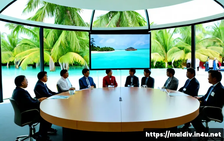 몰디브 국제 기후 회의 - Photorealistic international climate conference in a modern oceanfront resort hall in the Maldives, ...