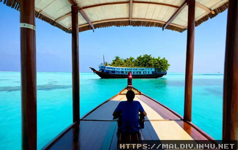 몰디브 로컬 교통 수단 - Photorealistic wide-angle view of a traditional Maldivian wooden passenger ferry traveling across ca...