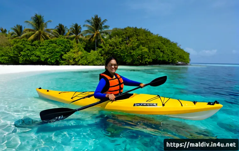 몰디브 카약 투어 - Photorealistic Maldives kayak tour, a smiling couple wearing modest rash guards and life vests paddl...